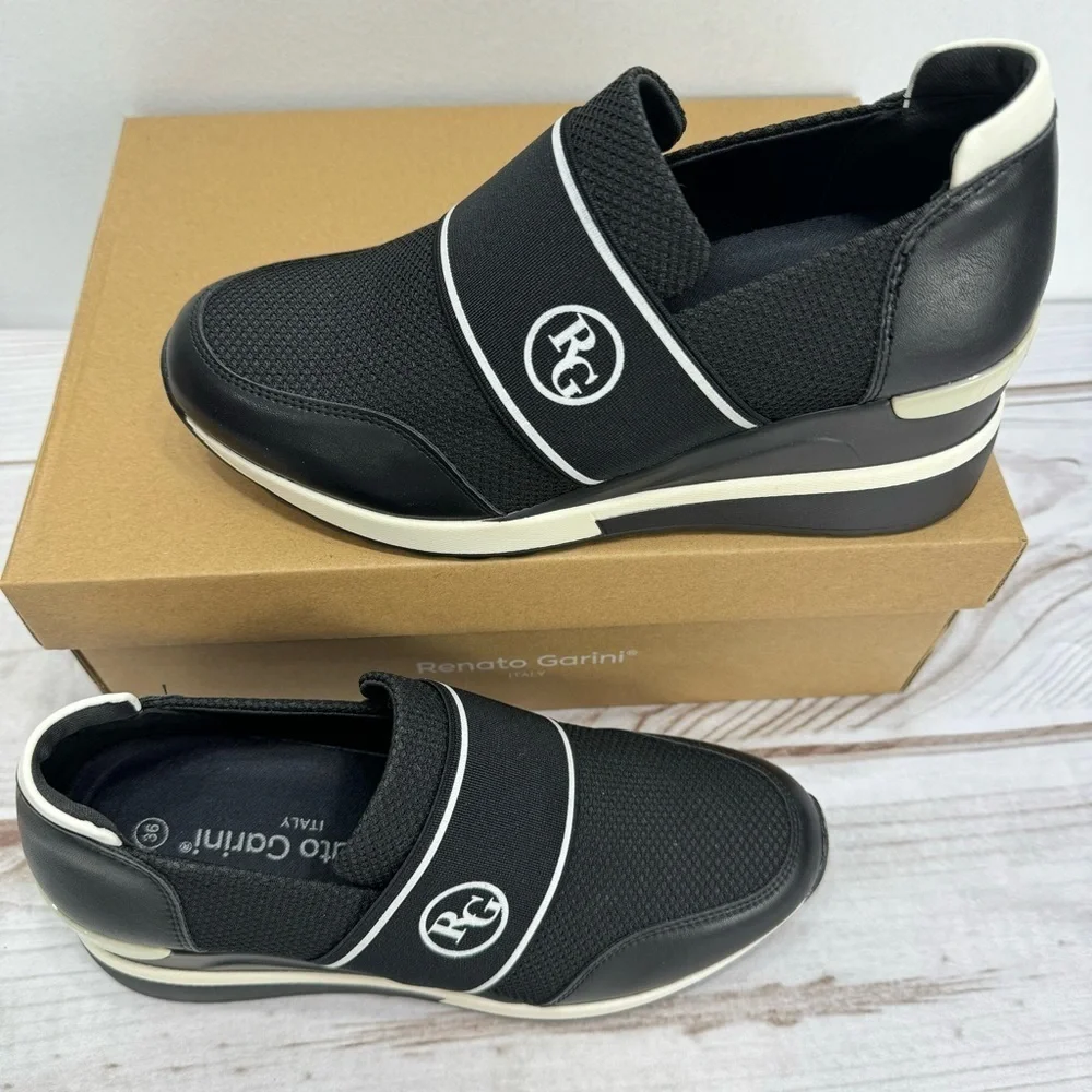 Renato Garini Italy Midnight Moon Black Wedge Slip On Sneakers Size 36/5.5 NEW